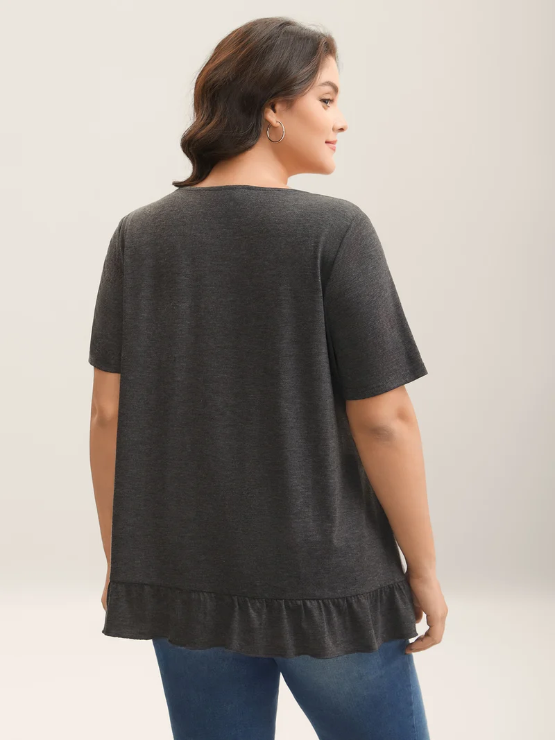 Button Detail Ruffled Hem Babydoll T-Shirt