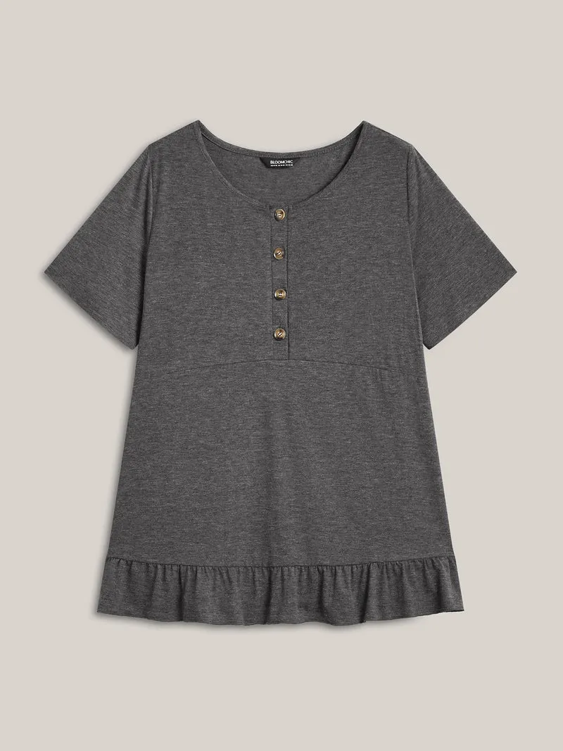 Button Detail Ruffled Hem Babydoll T-Shirt