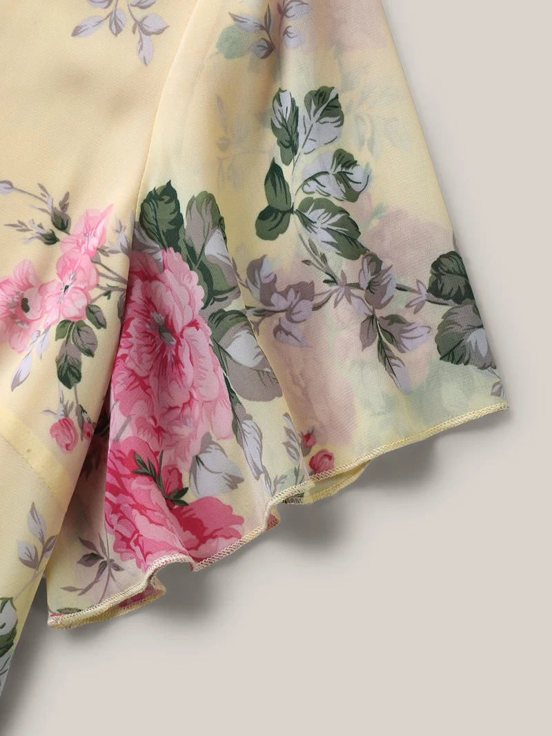 Large Flower Print Layered Hem Blouse