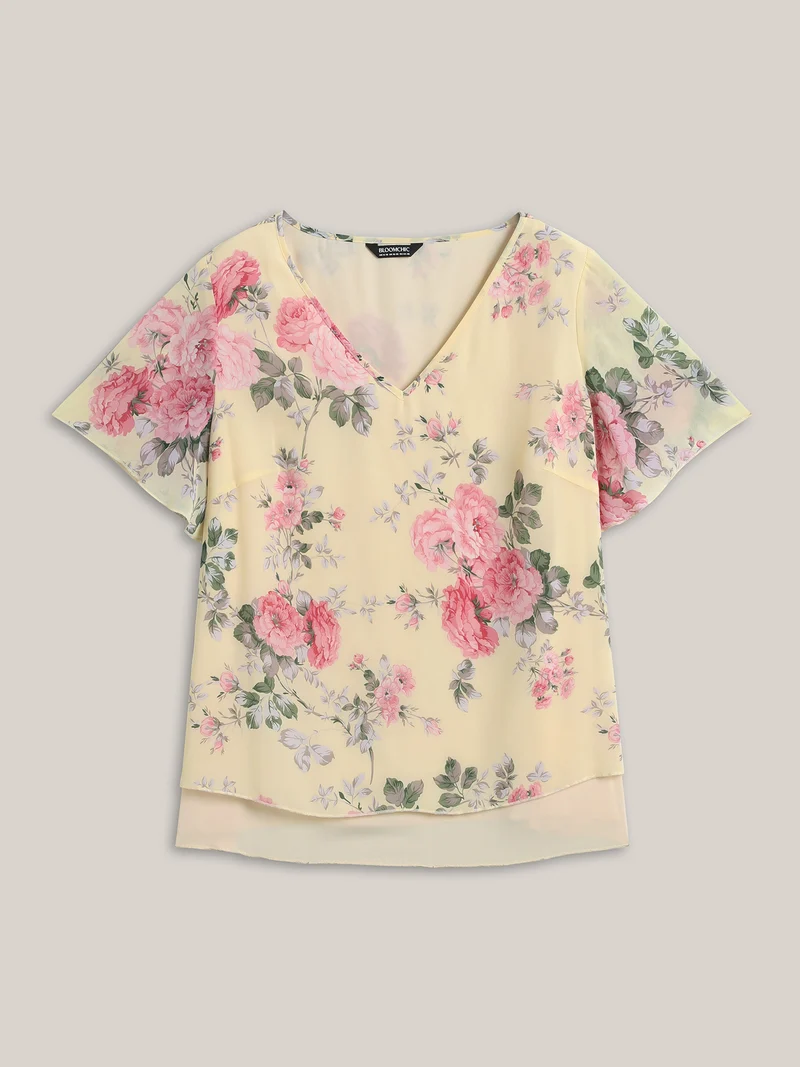 Large Flower Print Layered Hem Blouse