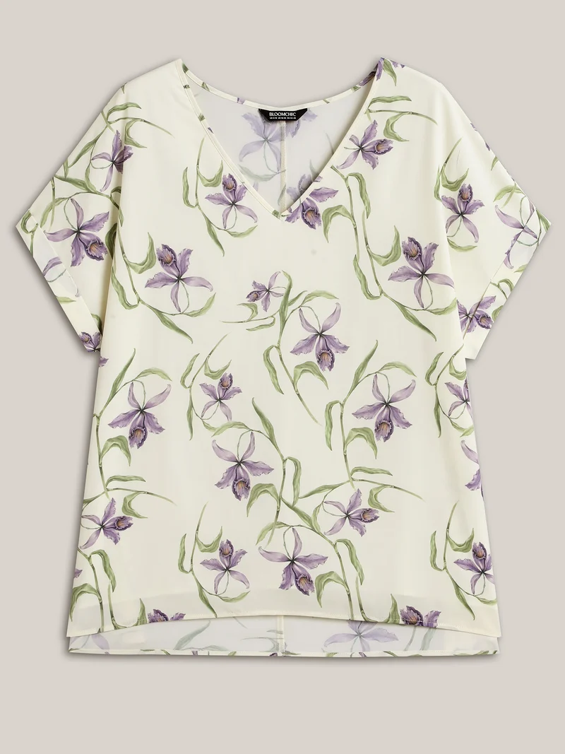 Large Flower Print Curved Hem Blouse