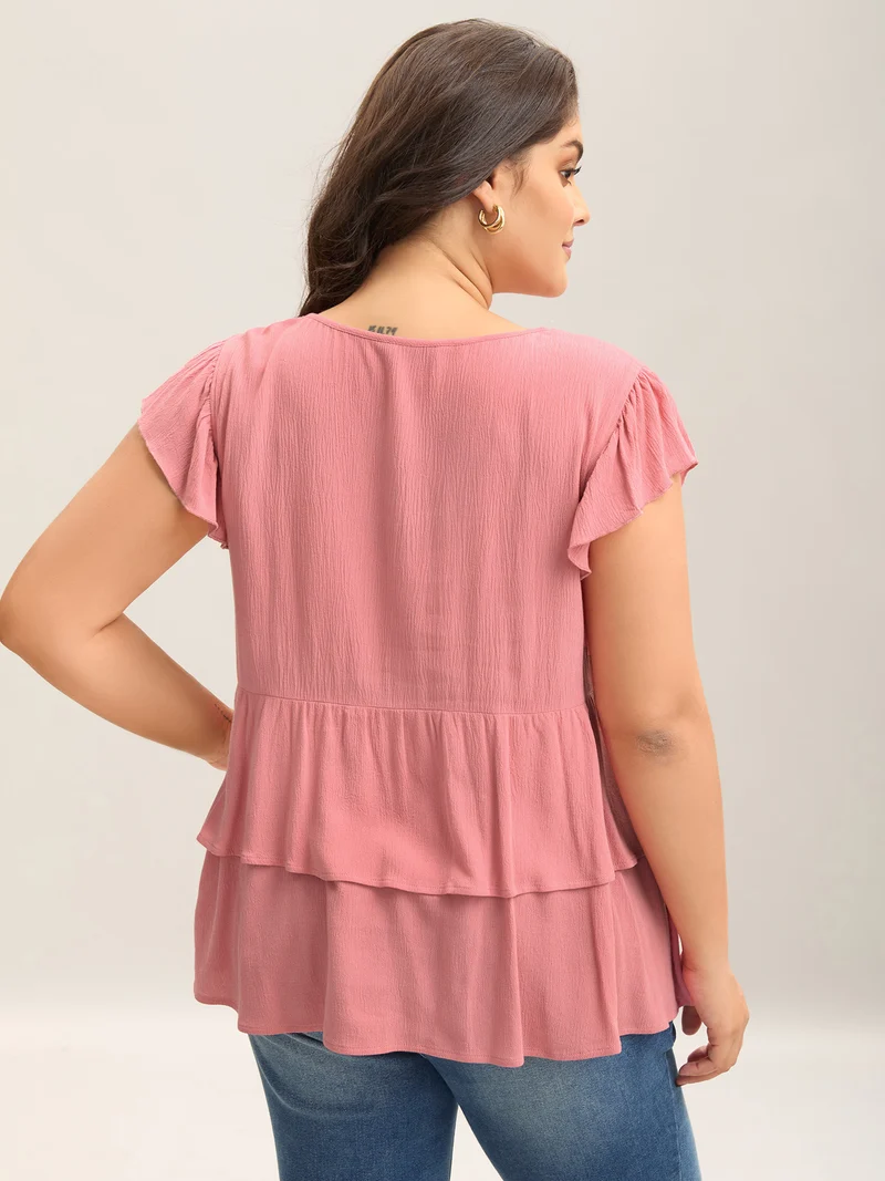 Rayon Ruffled Layered Hem Button Blouse