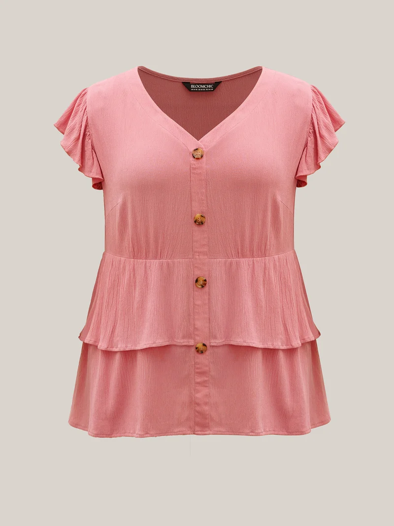 Rayon Ruffled Layered Hem Button Blouse