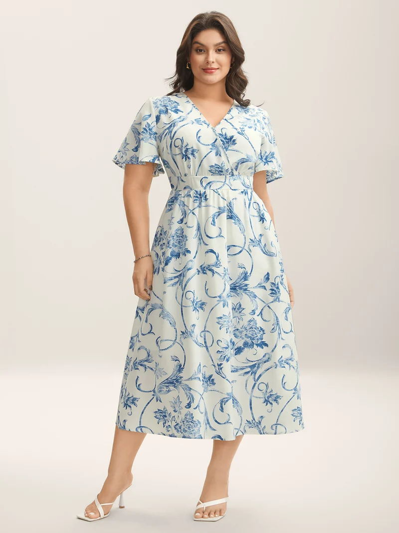 Artistic Floral Pattern Surplice Neck Midi Dress