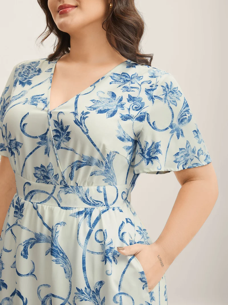 Artistic Floral Pattern Surplice Neck Midi Dress