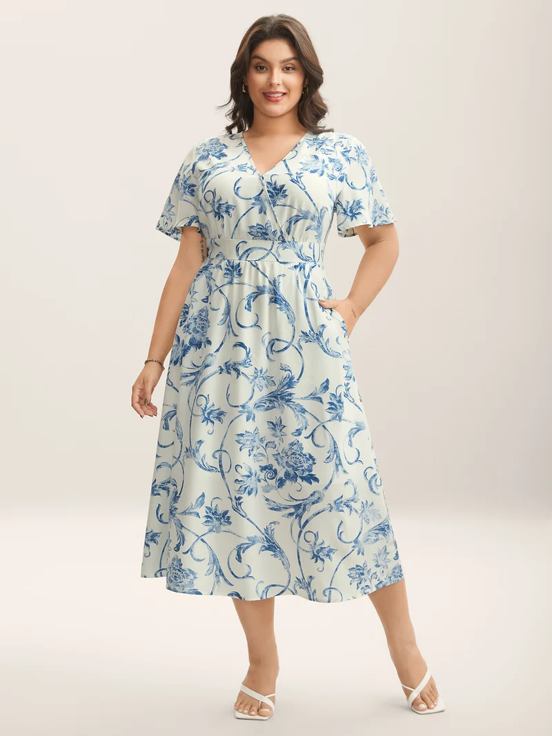 Artistic Floral Pattern Surplice Neck Midi Dress