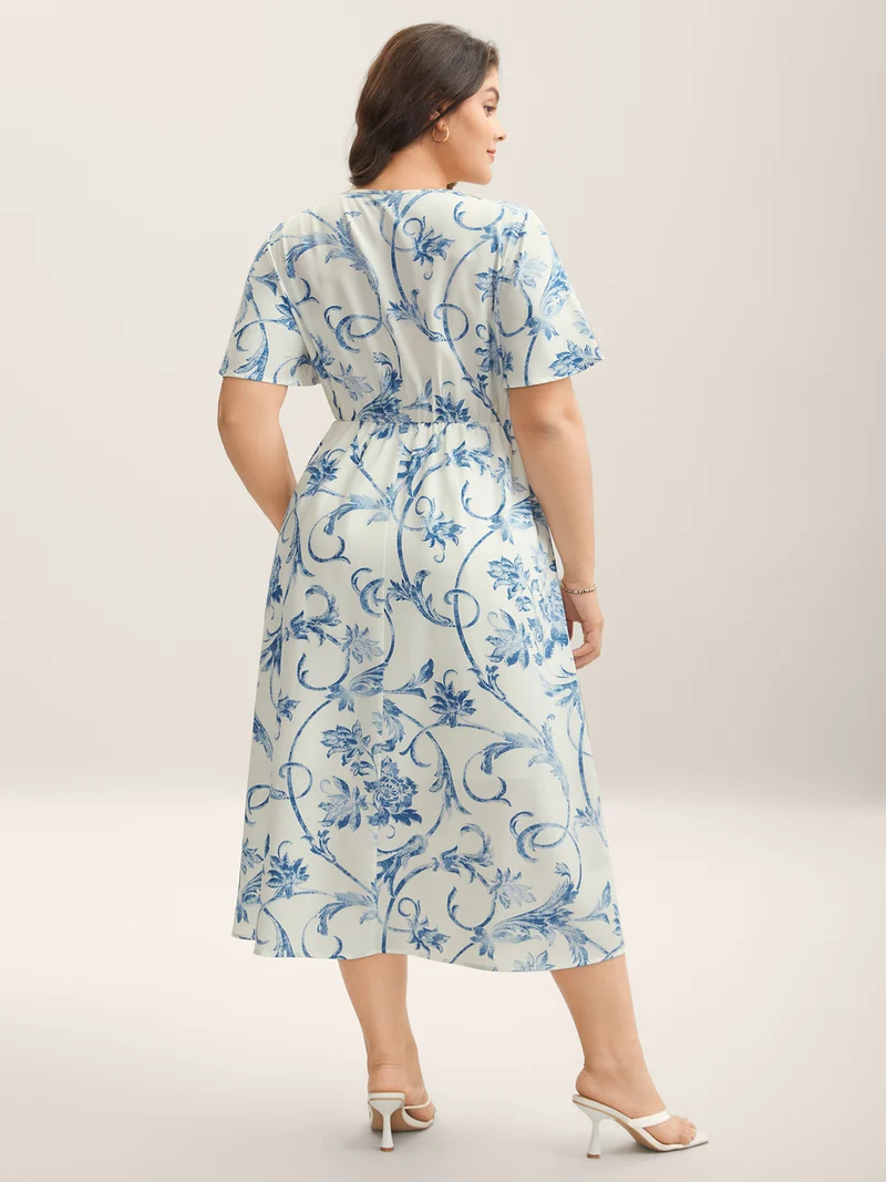 Artistic Floral Pattern Surplice Neck Midi Dress