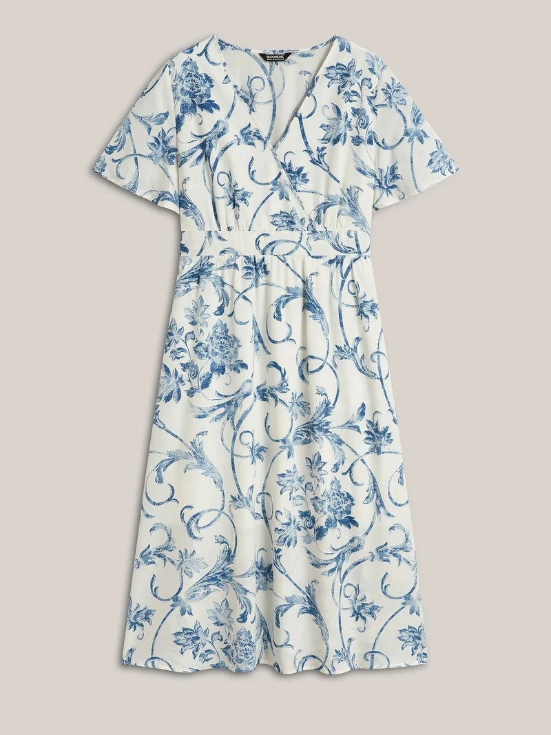 Artistic Floral Pattern Surplice Neck Midi Dress