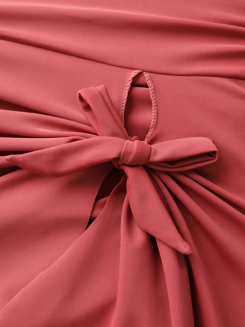 Curved Hem Knotted Plain Swim Dress