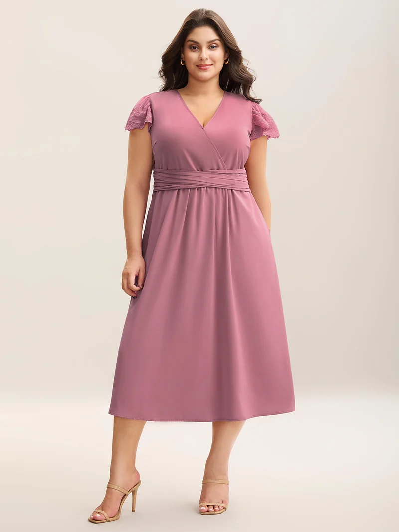 Flutter Sleeve Lace Stretchy Waist Midi Dress