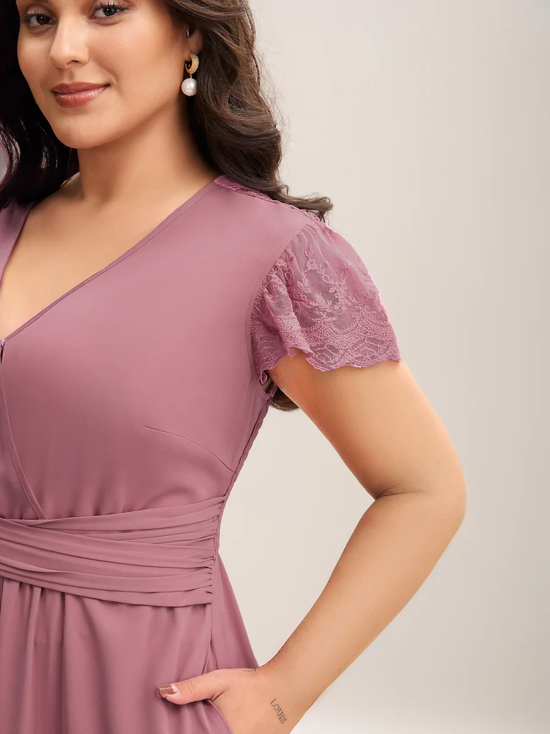 Flutter Sleeve Lace Stretchy Waist Midi Dress