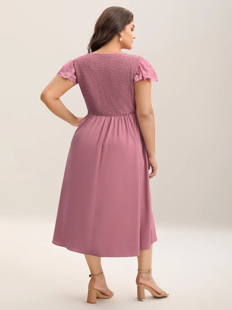 Flutter Sleeve Lace Stretchy Waist Midi Dress