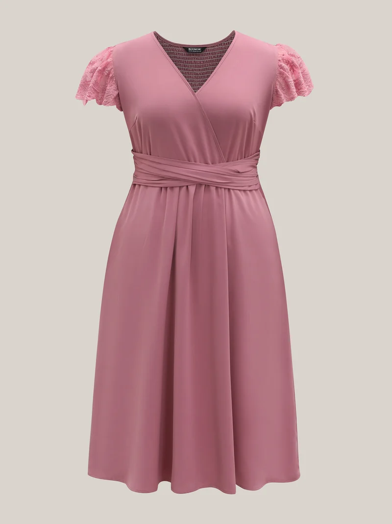 Flutter Sleeve Lace Stretchy Waist Midi Dress
