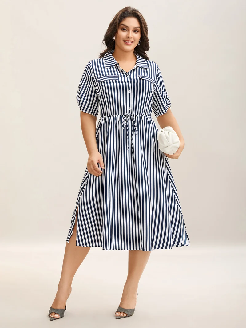 Striped Print Waist-Tie Button Midi Dress