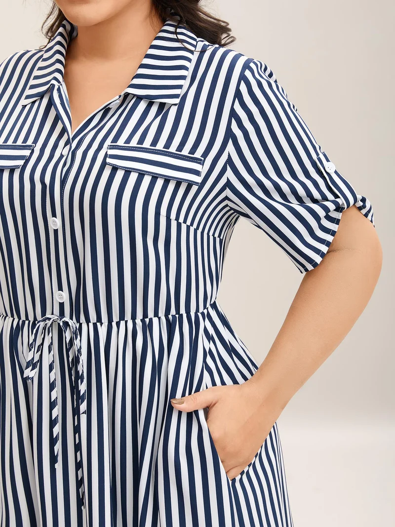 Striped Print Waist-Tie Button Midi Dress