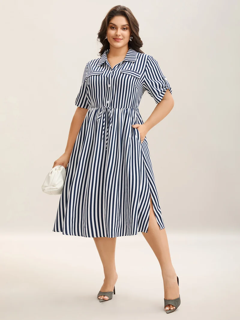 Striped Print Waist-Tie Button Midi Dress