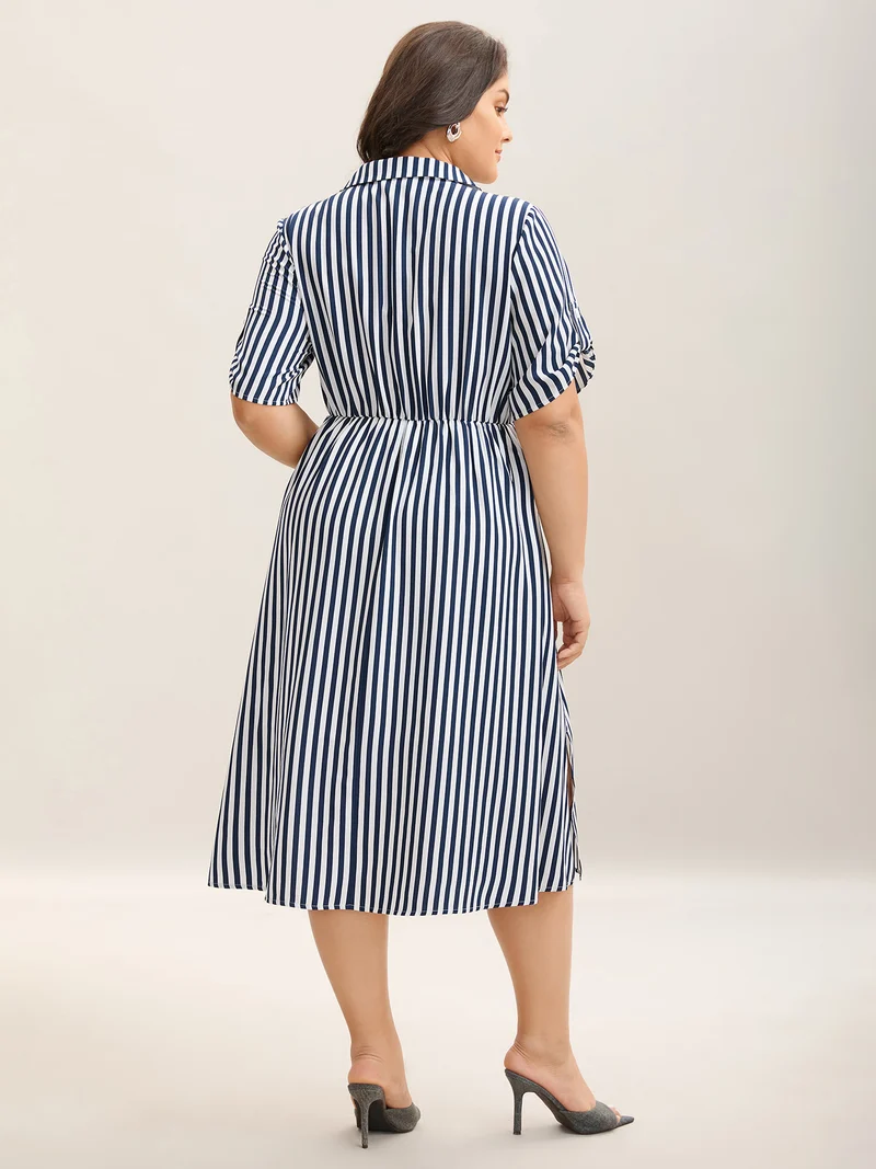 Striped Print Waist-Tie Button Midi Dress