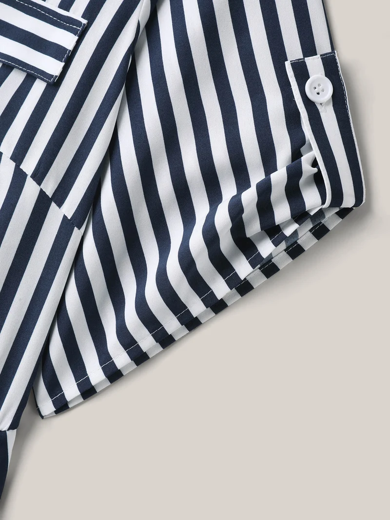 Striped Print Waist-Tie Button Midi Dress
