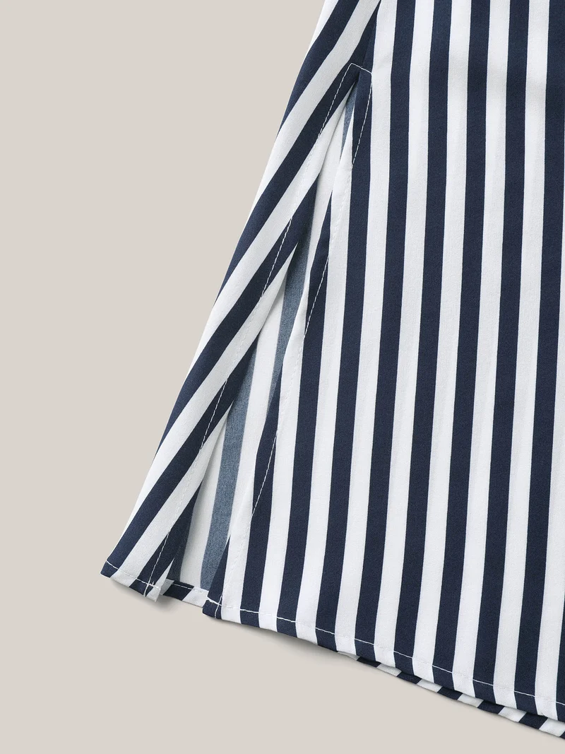 Striped Print Waist-Tie Button Midi Dress