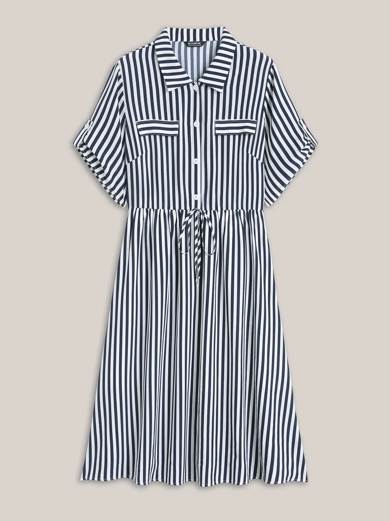 Striped Print Waist-Tie Button Midi Dress