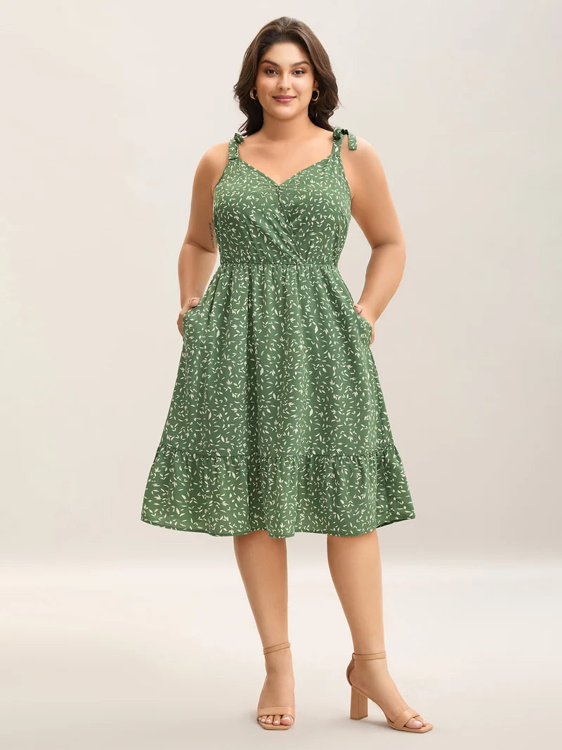 Tiny Petal Print Tied Shoulder Midi Dress