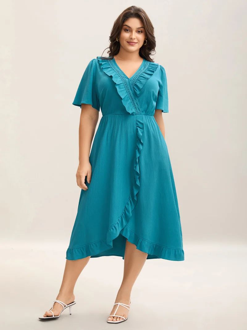 Ruffled Lace Trim Pockets Plain Midi Dress