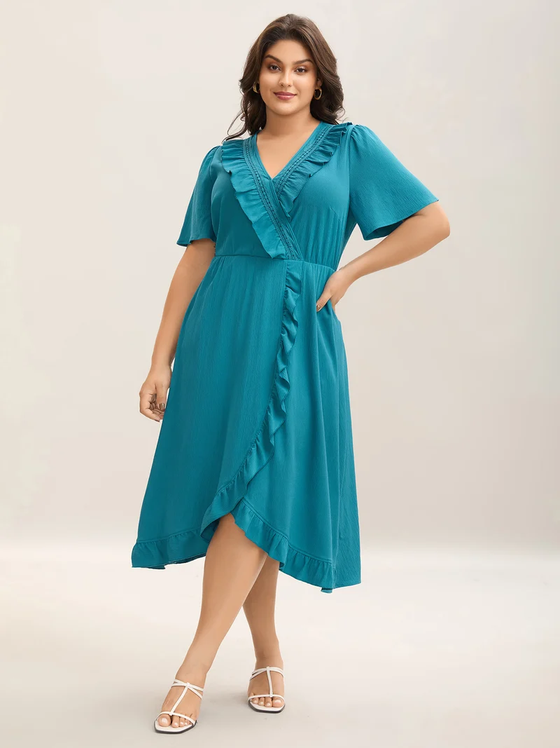 Ruffled Lace Trim Pockets Plain Midi Dress