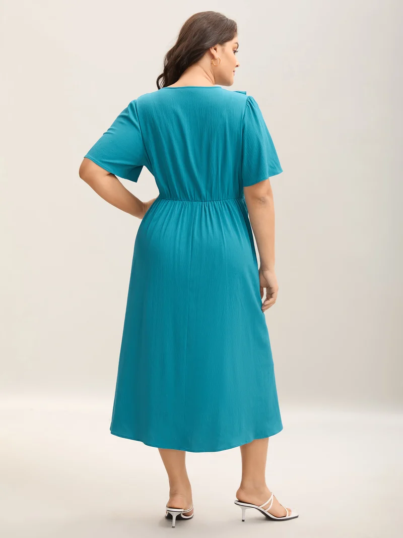Ruffled Lace Trim Pockets Plain Midi Dress