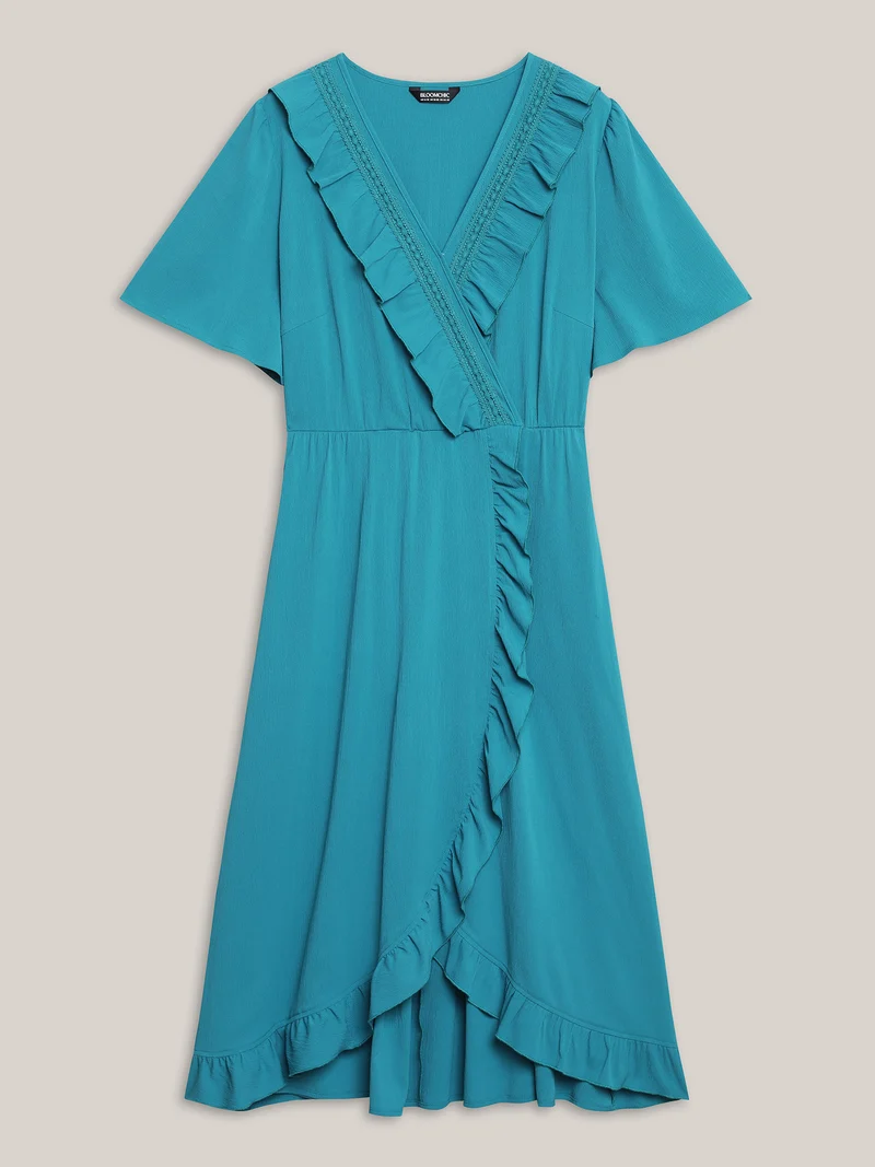 Ruffled Lace Trim Pockets Plain Midi Dress