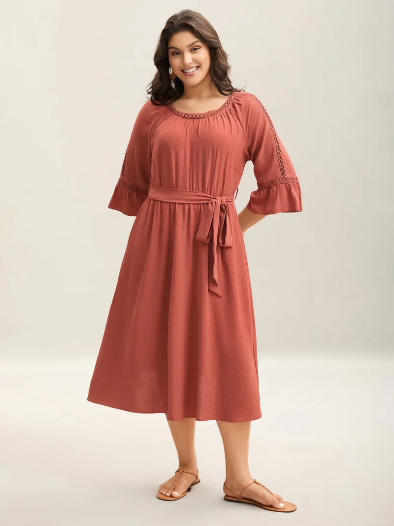Lace Waist-Tie Pockets Midi Dress