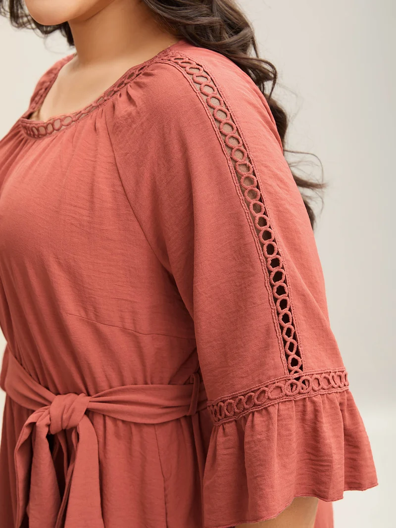 Lace Waist-Tie Pockets Midi Dress