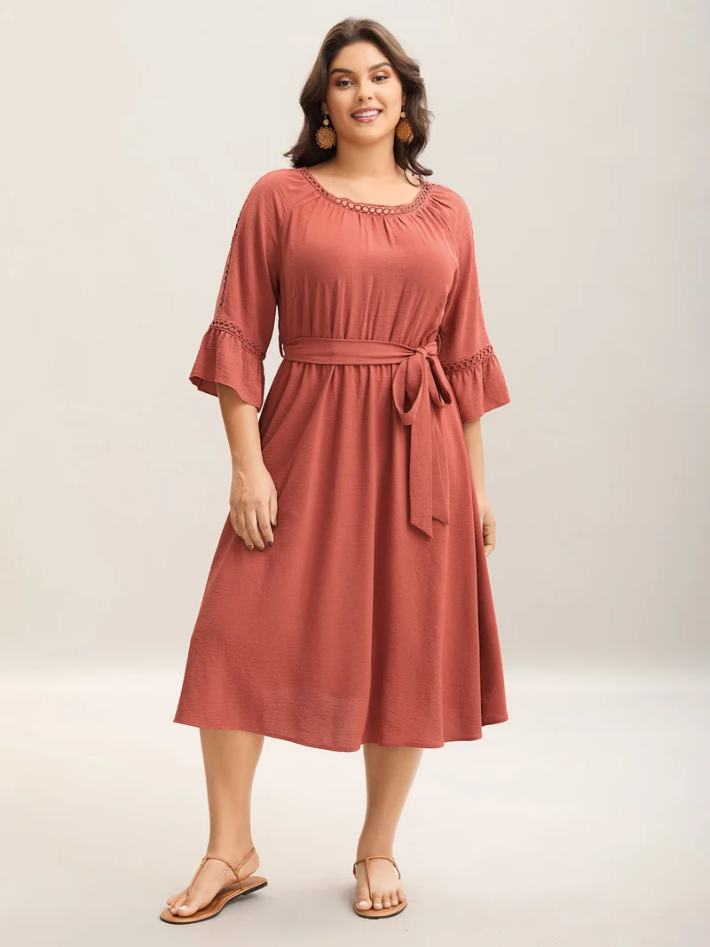 Lace Waist-Tie Pockets Midi Dress