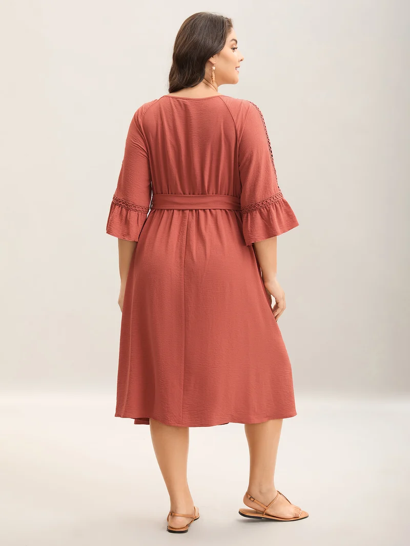 Lace Waist-Tie Pockets Midi Dress