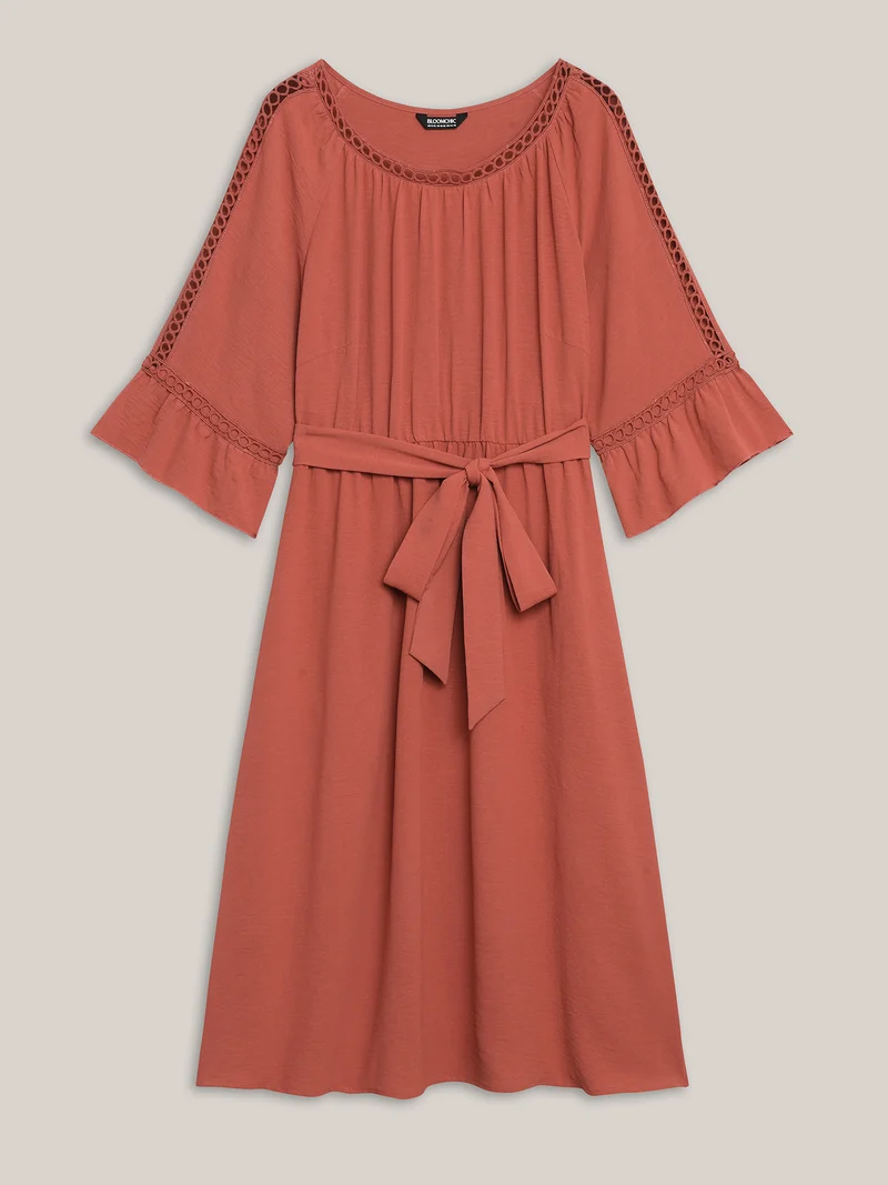 Lace Waist-Tie Pockets Midi Dress