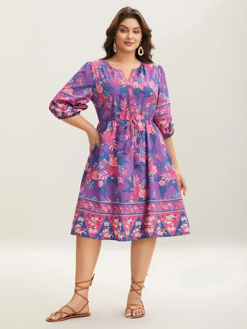 Large Flower Print Split Neck Midi Dress