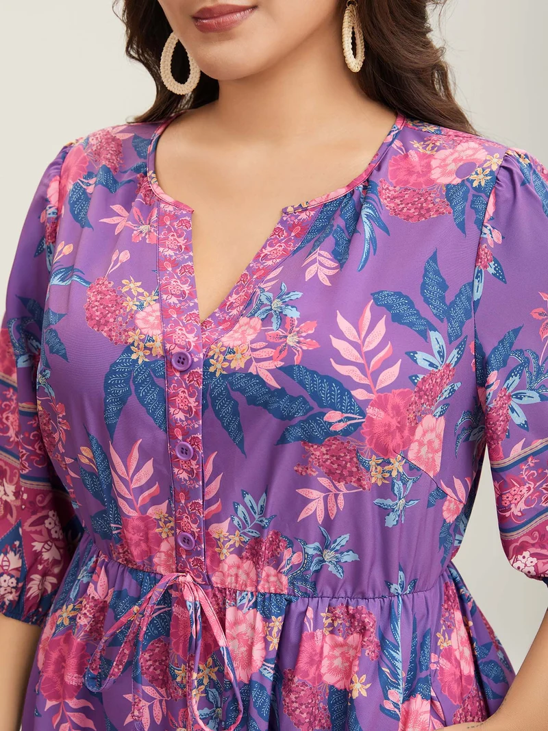 Large Flower Print Split Neck Midi Dress