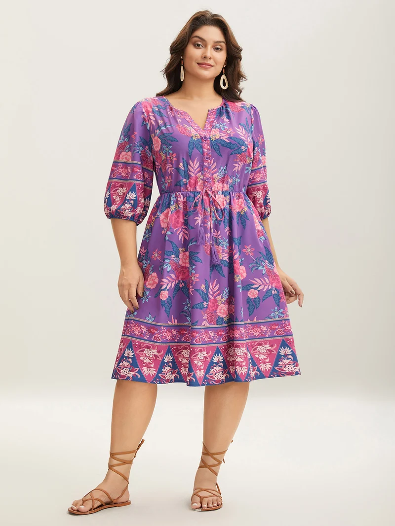 Large Flower Print Split Neck Midi Dress
