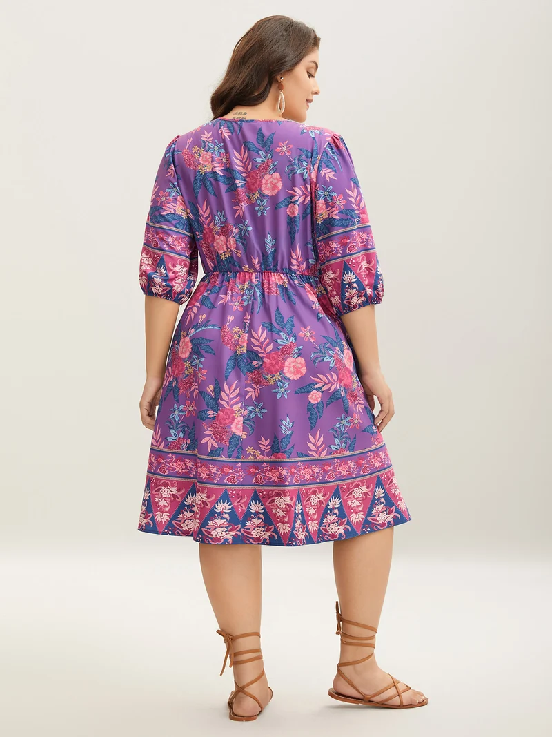 Large Flower Print Split Neck Midi Dress