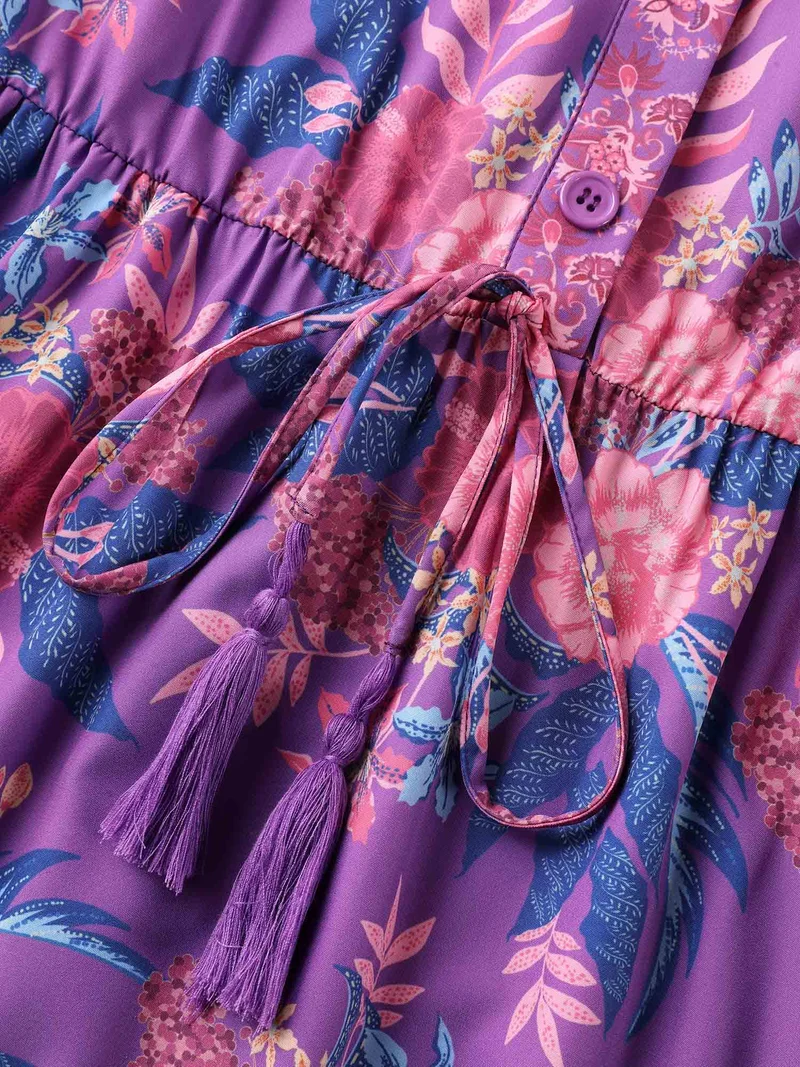 Large Flower Print Split Neck Midi Dress