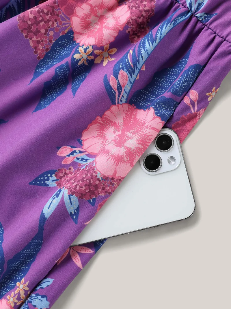 Large Flower Print Split Neck Midi Dress