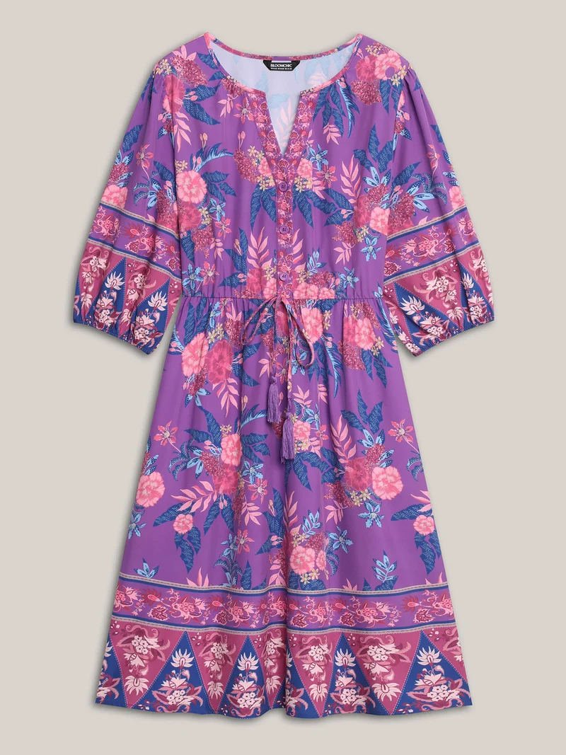 Large Flower Print Split Neck Midi Dress