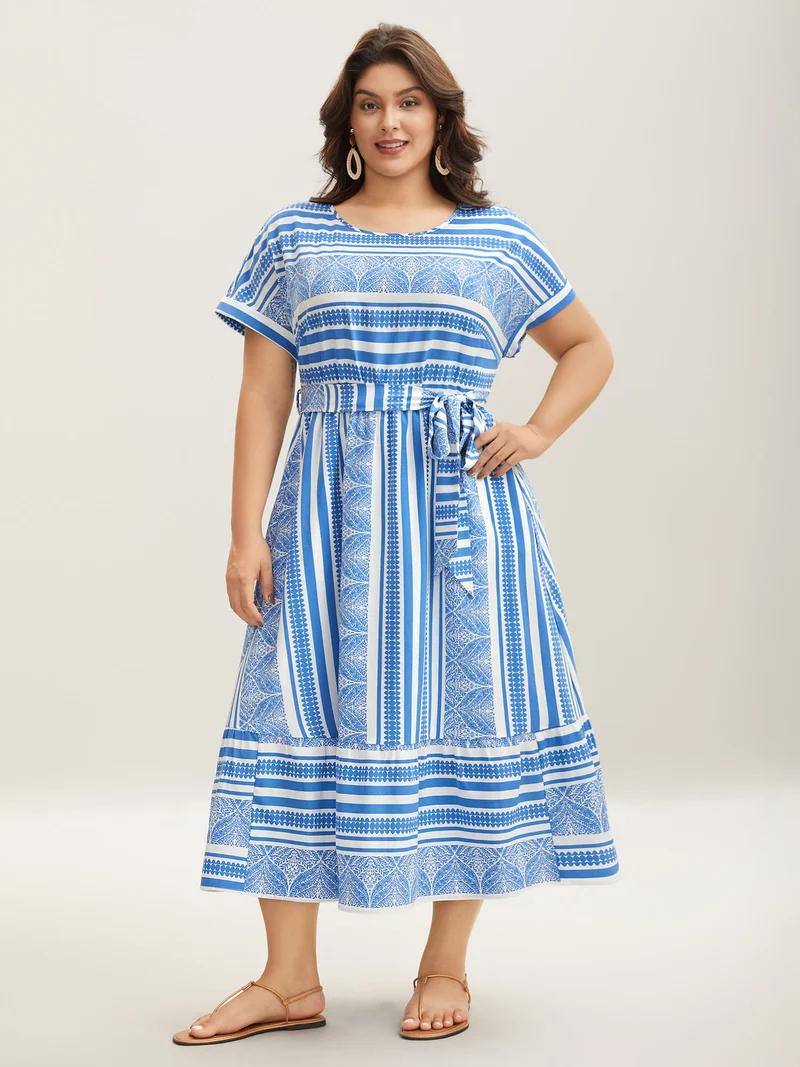 Nautical Stripes Belted Pockets Maxi Dress