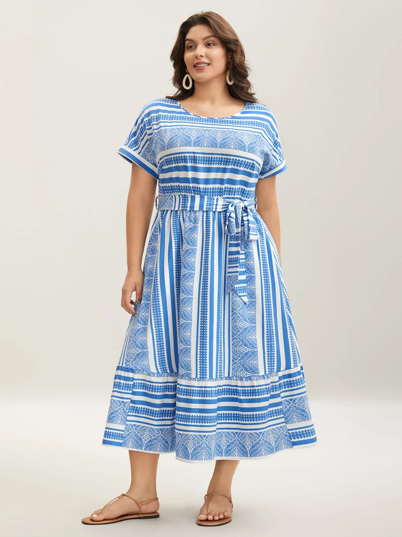 Nautical Stripes Belted Pockets Maxi Dress