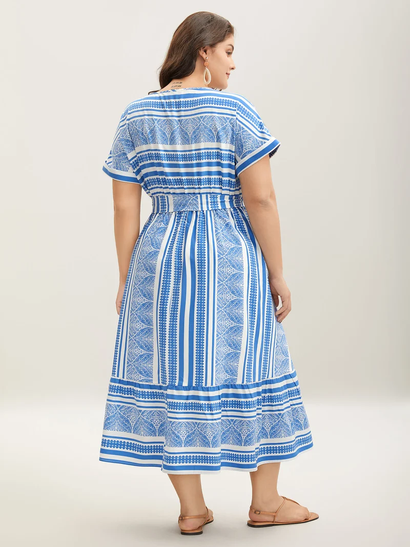 Nautical Stripes Belted Pockets Maxi Dress