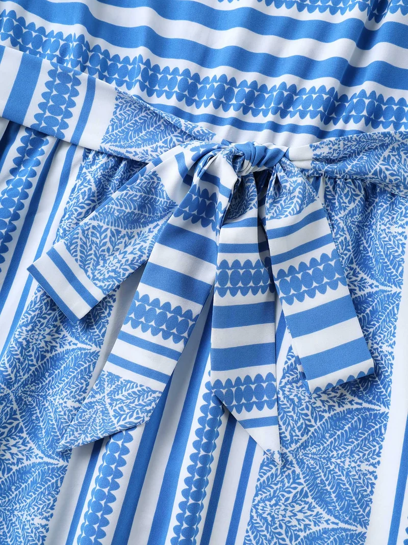 Nautical Stripes Belted Pockets Maxi Dress
