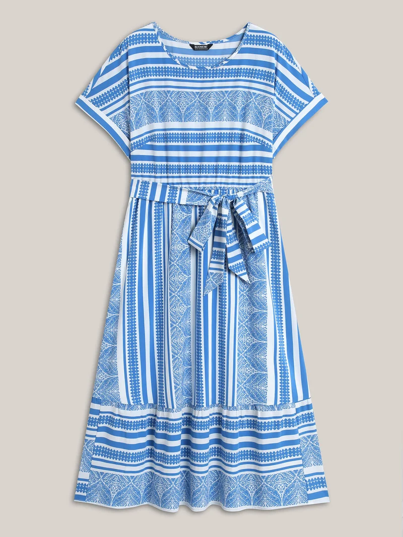 Nautical Stripes Belted Pockets Maxi Dress