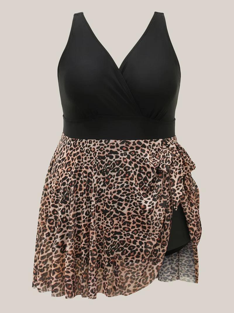 Leopard Print Knotted Surplice Swim Dress