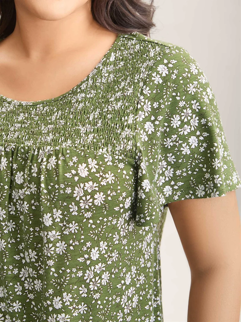 Floral Print Shirred Neck T-Shirt