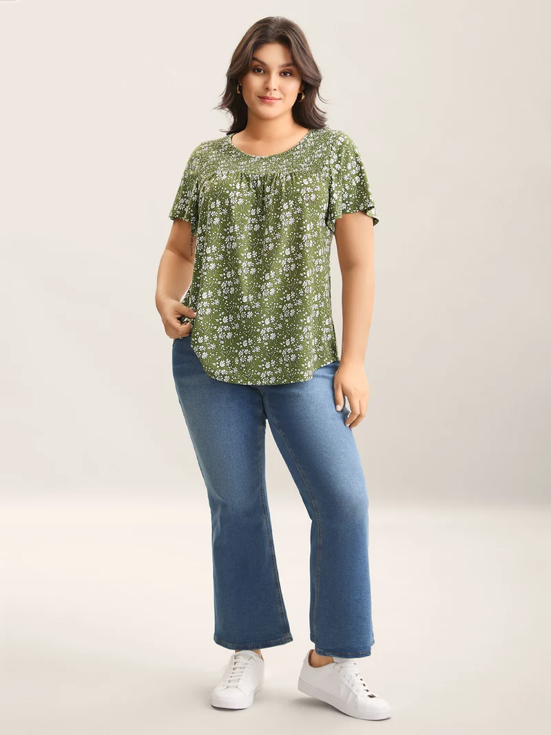 Floral Print Shirred Neck T-Shirt