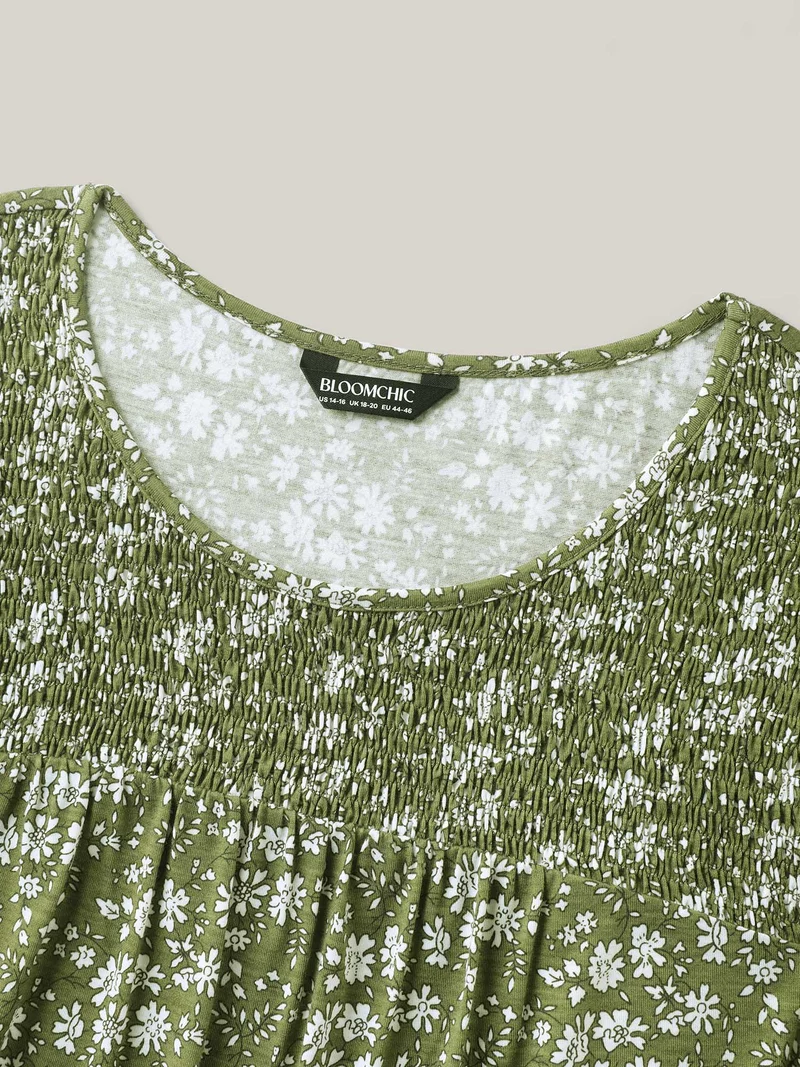 Floral Print Shirred Neck T-Shirt